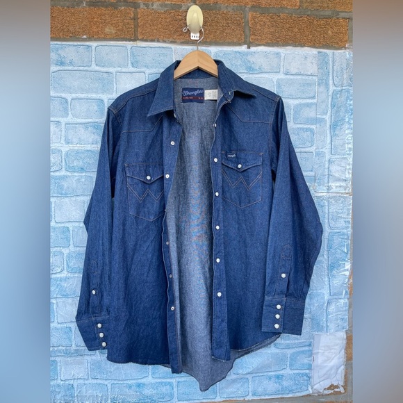 Wrangler Cowboy Cut Denim Shirt snap raw hem size 16/33 - Picture 12 of 14